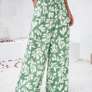 Elegant Printed Trousers Summer Loose Elastic High Waist Straight Pants For Beach Vacation Womens Clothing